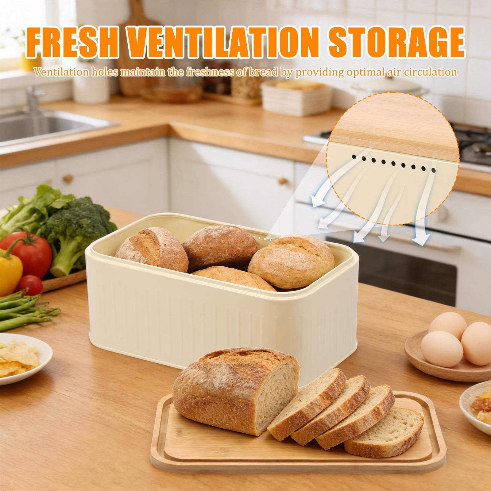 Metal Bread Box for Kitchen Countertop, Bread Storage Container with Bamboo Cutting Board Lid for Homemade Bread, 12" x 7.2"