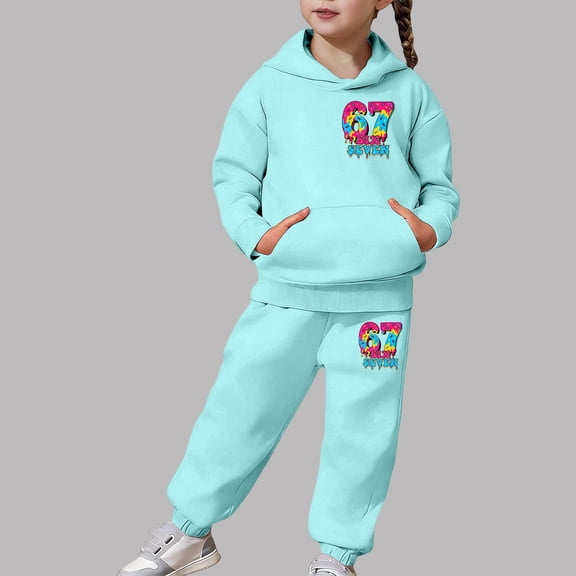 Kids Outfits Set 6 7 Six Seven Letter Outfits Set Comfortable Girls Fashion Hoodie And Jogger Cute Printed Pullover Tracksuit For Kids And Daily Wear Mint Green 120(4-5 Years)
