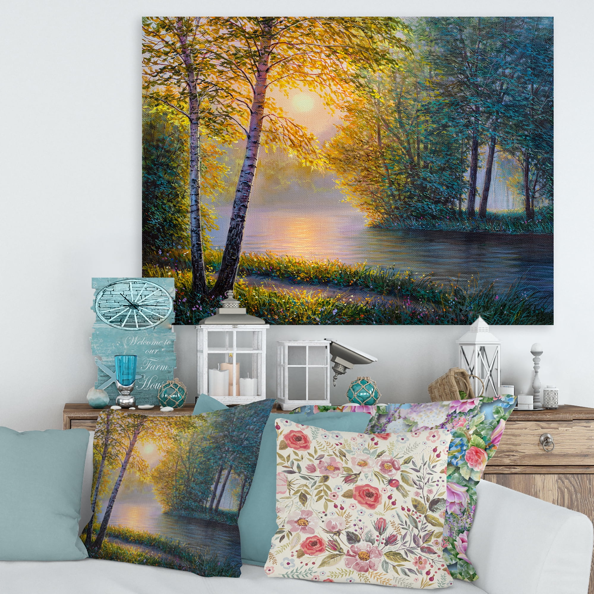 Designart ' Sunrise Summer With Beautiful River Spring Forest ' Lake House Canvas Wall Art Print
