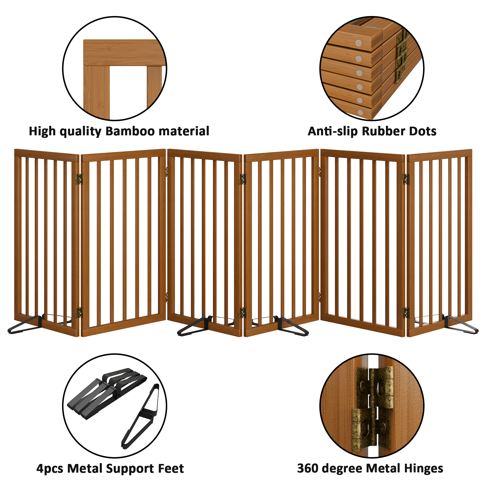 Smart FENDEE 6 Panel Foldable Bamboo Freestanding Pet Gate with Dog Gate and 4 Support Feet, Expands to 110 in Wide