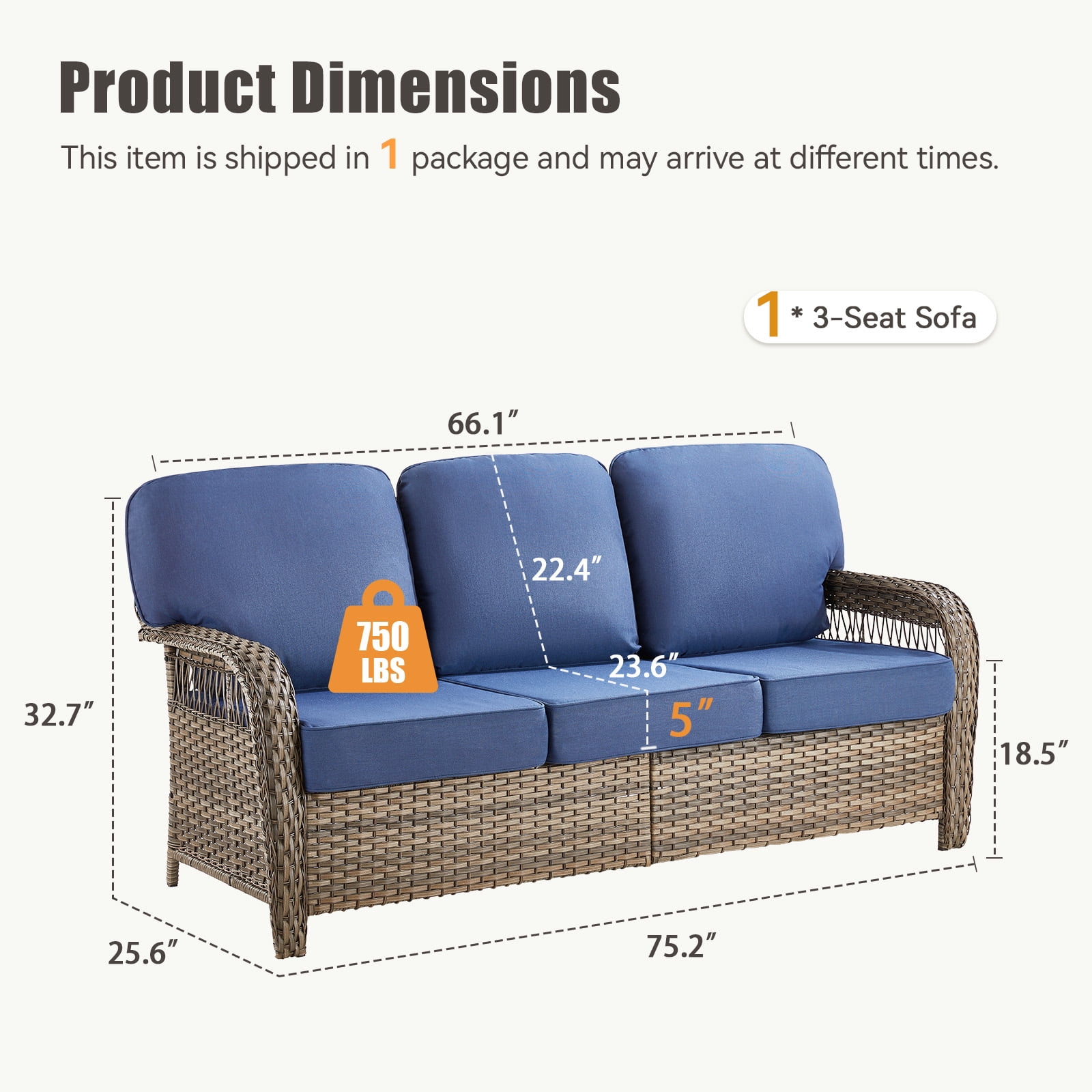 Hommoo 75.2" Outdoor Gray Wicker Patio Sofa with Cushions, Outdoor 2 Seat Patio Furniture Sofa Couch, for Porch or Backyard, Blue
