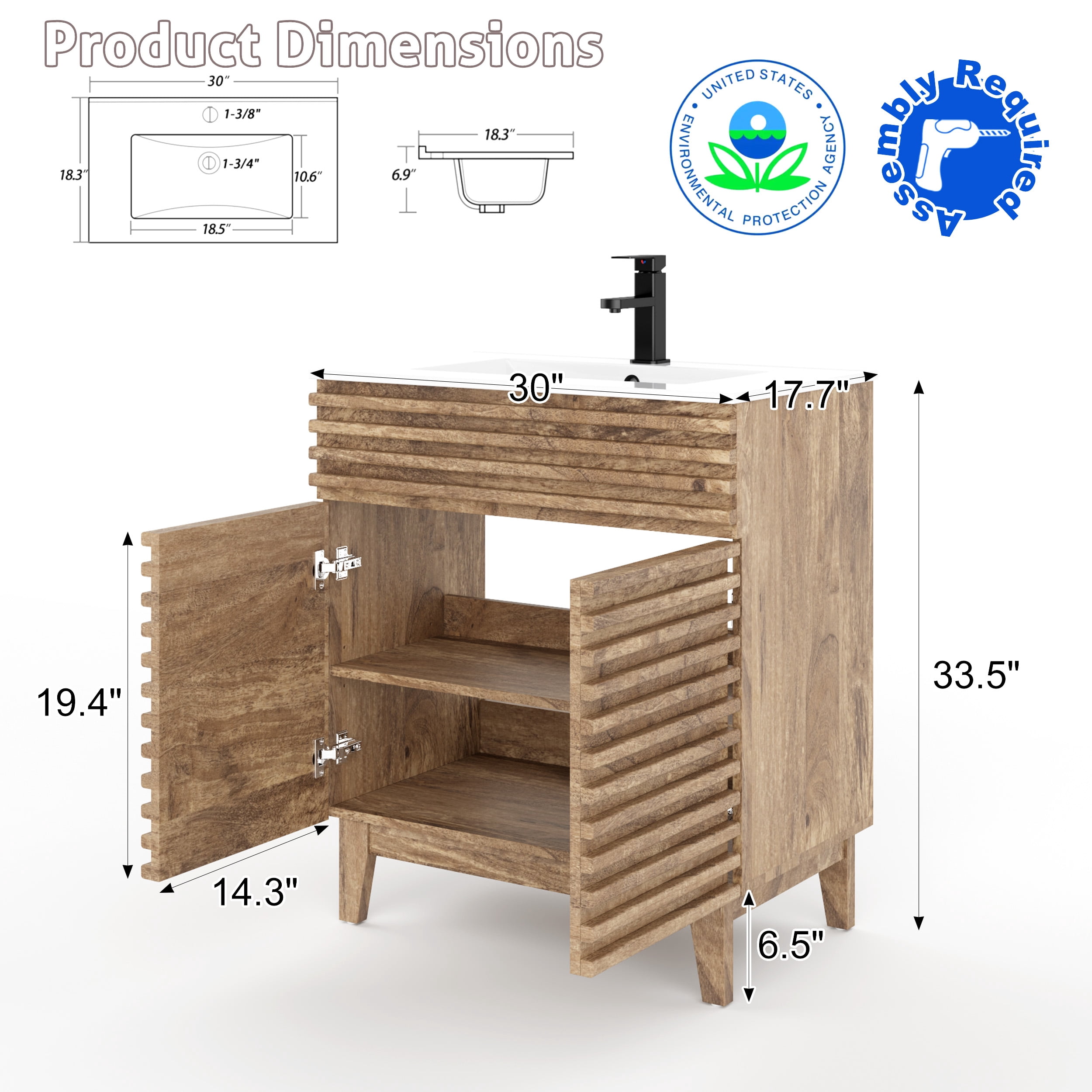 Eclife 30 inch Freestanding Bathroom Vanity with Integrated Sink Top, Faucet, Wood Tune