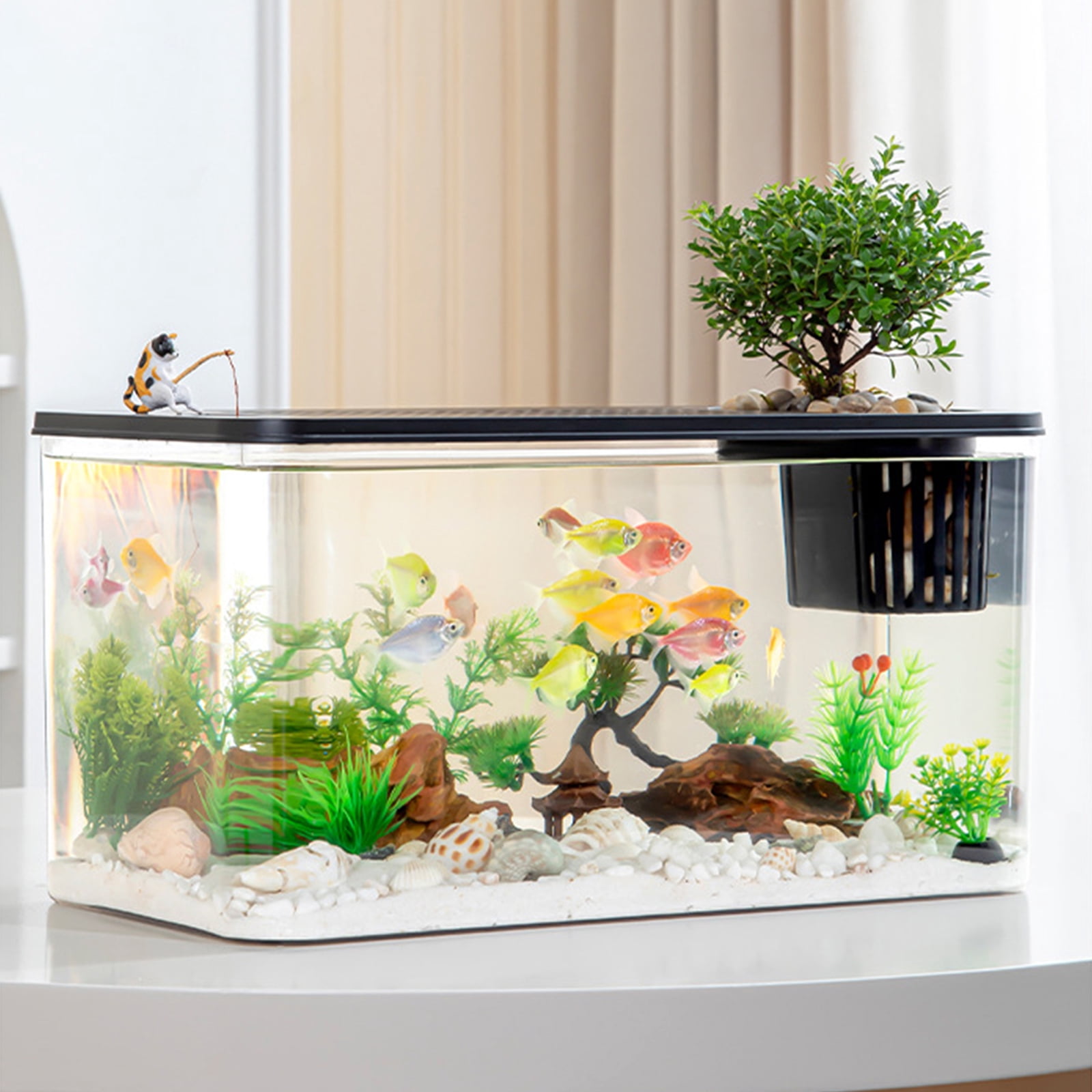 Modern Leakproof Aquarium with Child-Safe Lid & Plant Holder, Home Office Desktop Fish Habitat for