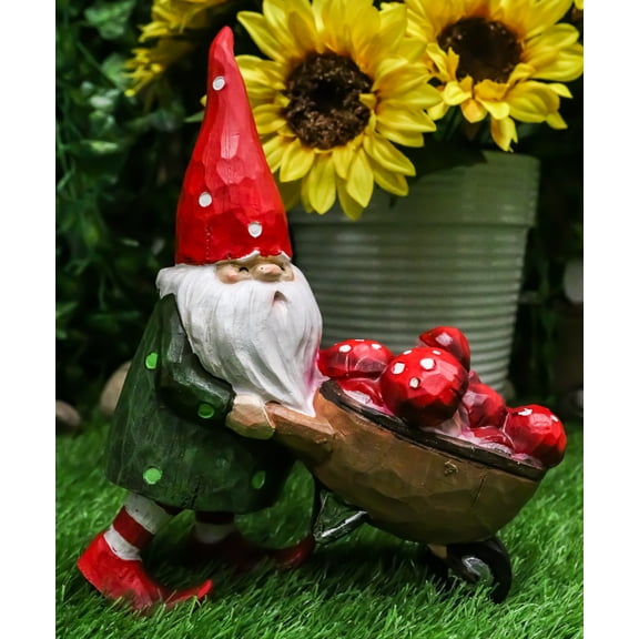 Whimsical Garden Mr Grandpa Gnome Pushing Toadstool Mushrooms Wheelbarrow Statue