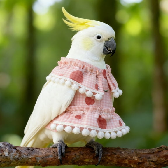 Pet Birds, Parrot, Bird Harness, Pom Pom, Pink Gingham Fabric, Polka Dot Fabric, Fabric Trim, Layered Skirt Outfit, 6inAdjustable, 1 Pc