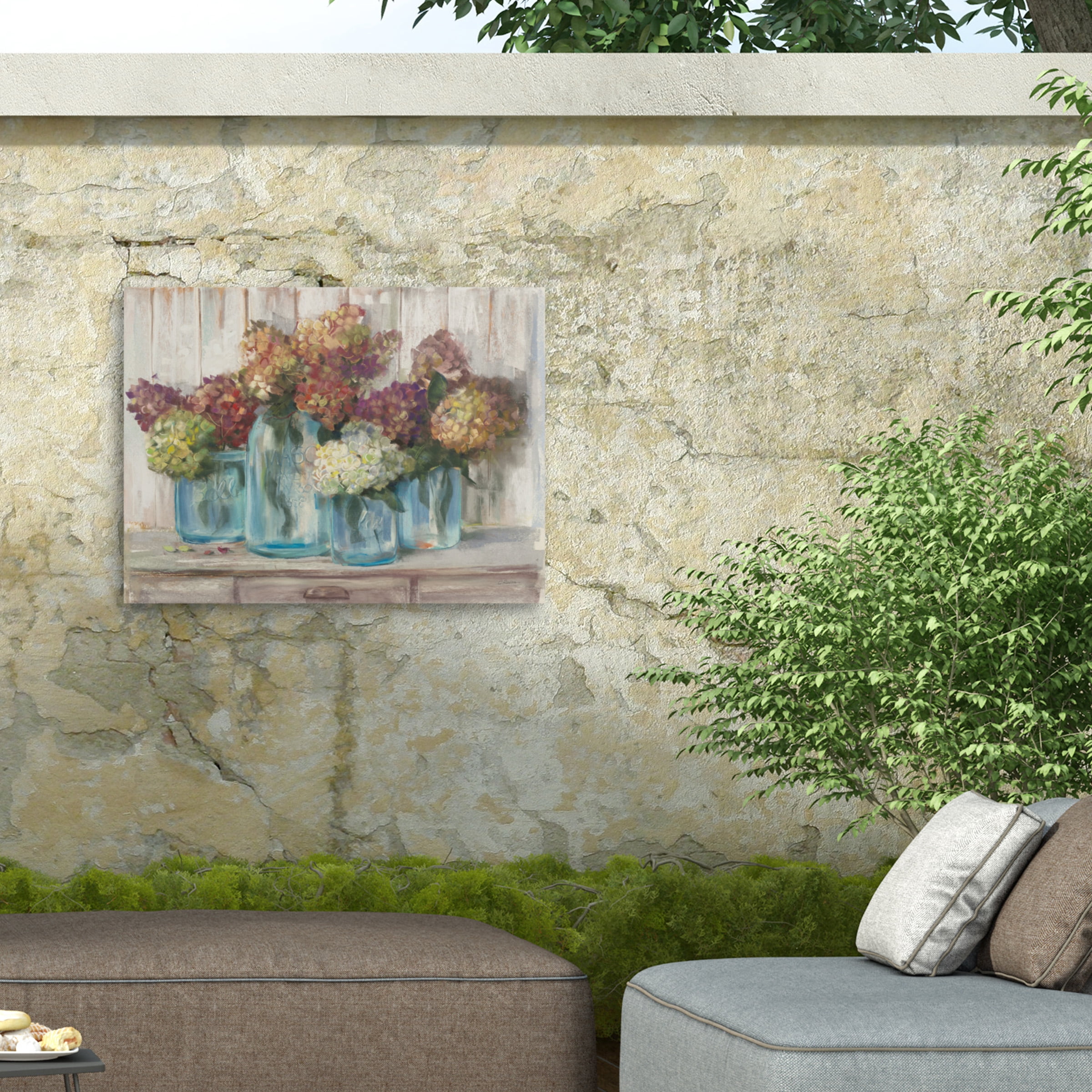 Carol Rowan 'Hydrangeas In Glass Jars White Wood' Outdoor Canvas 18x22
