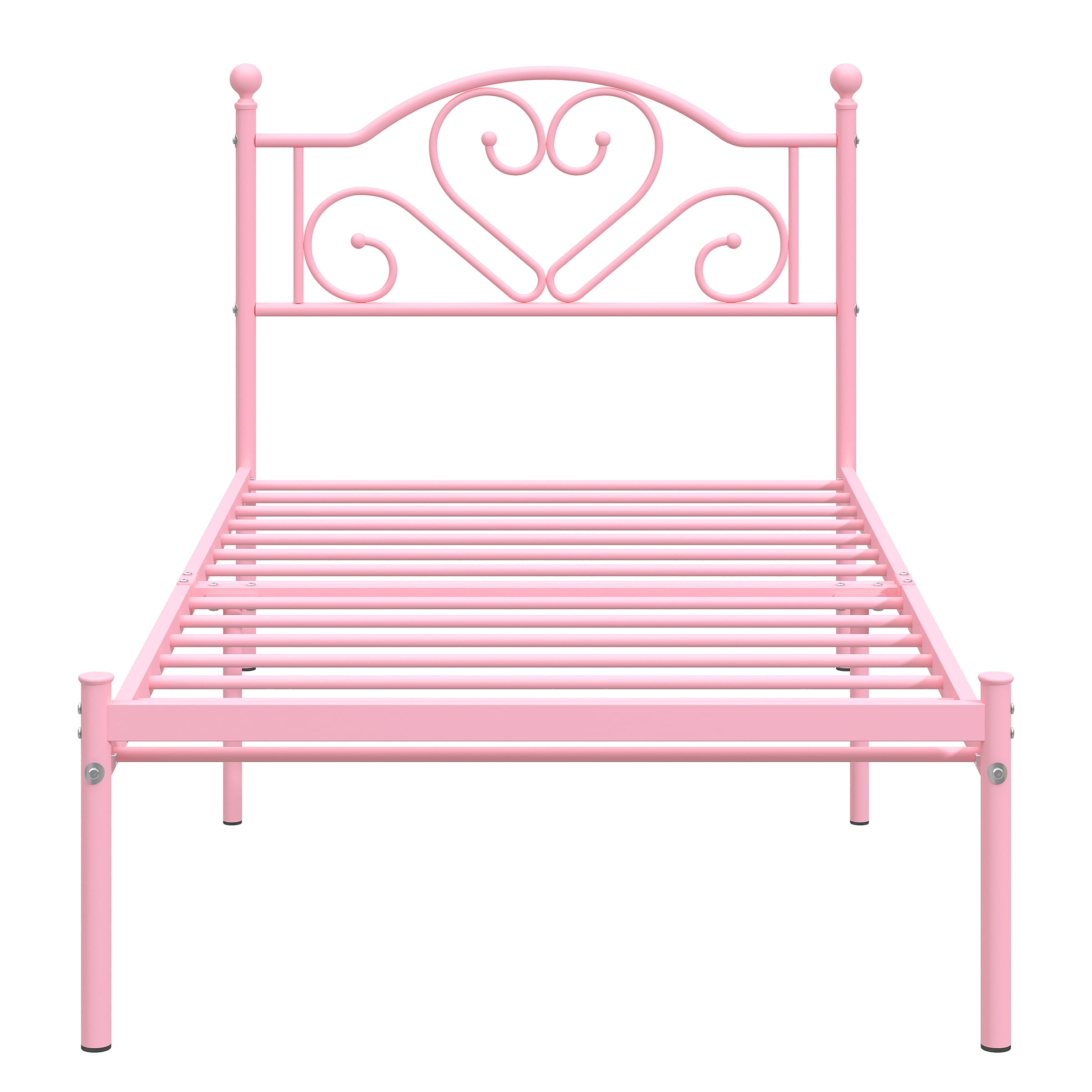 Yoneston 12” Twin Heavy Duty Metal Platform Bed Frame with Love-Heart Shape Headboard for Girls Bedroom Furniture, Pink