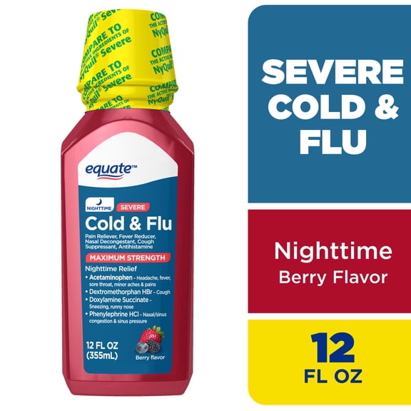 Equate Maximum Strength Night Time Cold and Flu Medicine, Berry Flavor, 12 fl oz, Cough and Cold Medicine for Adults, Compare to Vicks® NyQuil® Severe Active Ingredients