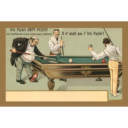 Three men enjoy a game of billiards on a fancy table  One man uses a bridge to make the shot  The card is an ad for green chalk for playing pool Poster Print by