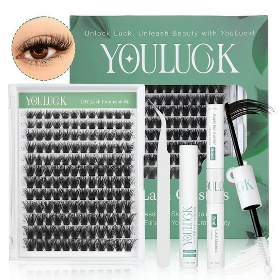 YOULUCK DIY Lash Clusters Waterproof Long-Lasting Fluffy and Weightless look Individual Eyelash Extensions with Ultra-Thin Band Bond & Sea l& Remover Makeup For Girls Beginner Friendly