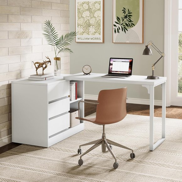 Tribesigns Reversible L-Shaped Desk - White Corner Computer Desk with Storage Cabinet & Shelves for Home Office/Bedroom