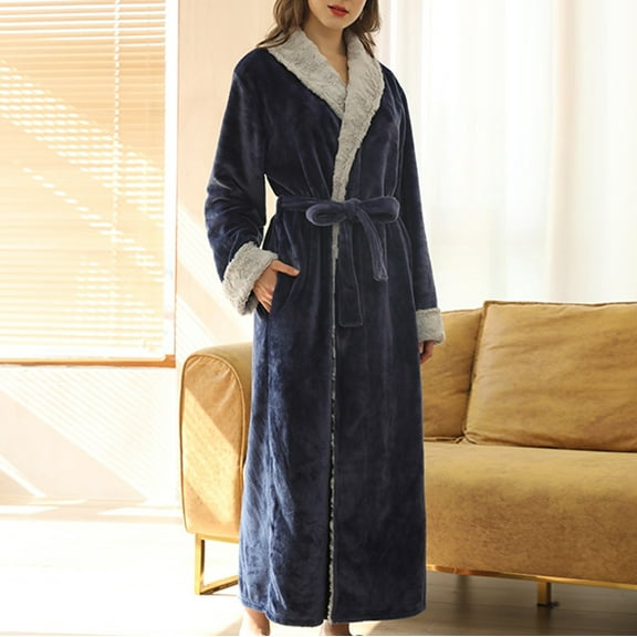 Odeerbi Couple Robes For Men Women Winter Warm Fleece Bathrobe Autumn Open Front Nightgown Navy