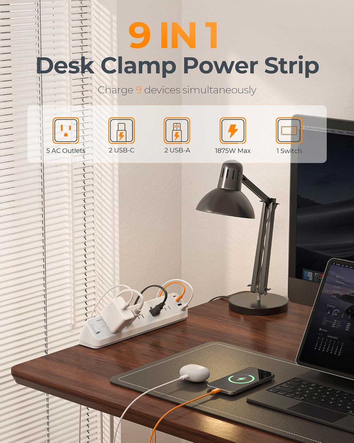 YUNZII Desk Clamp Power Strip 6FT, 2100J Surge Protector, 5 Outlets 4 USB Ports (2 USB C), Grey