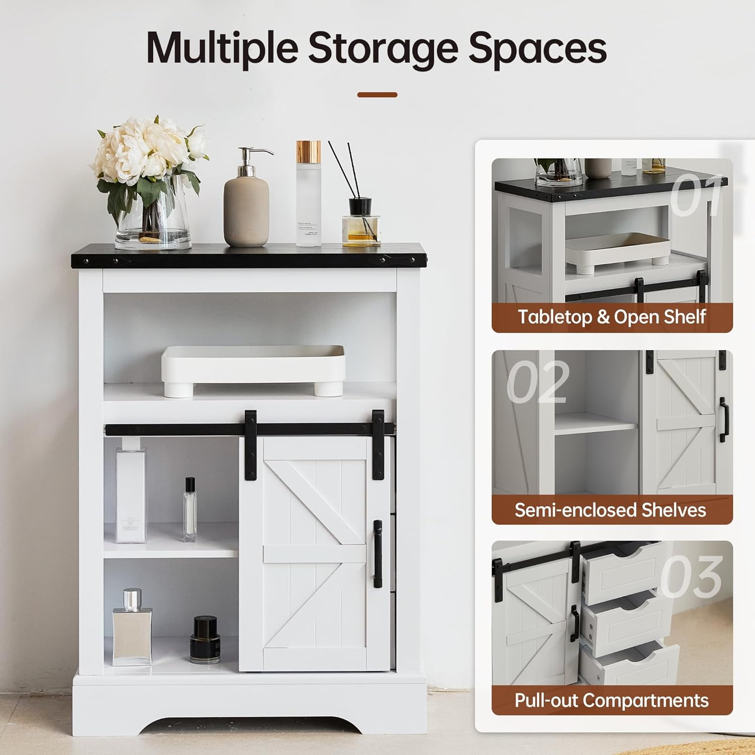 JINSEED Bathroom Floor Cabinet,Farmhouse Storage Cabinet w/ Sliding Barn Door&Storage Drawers,White