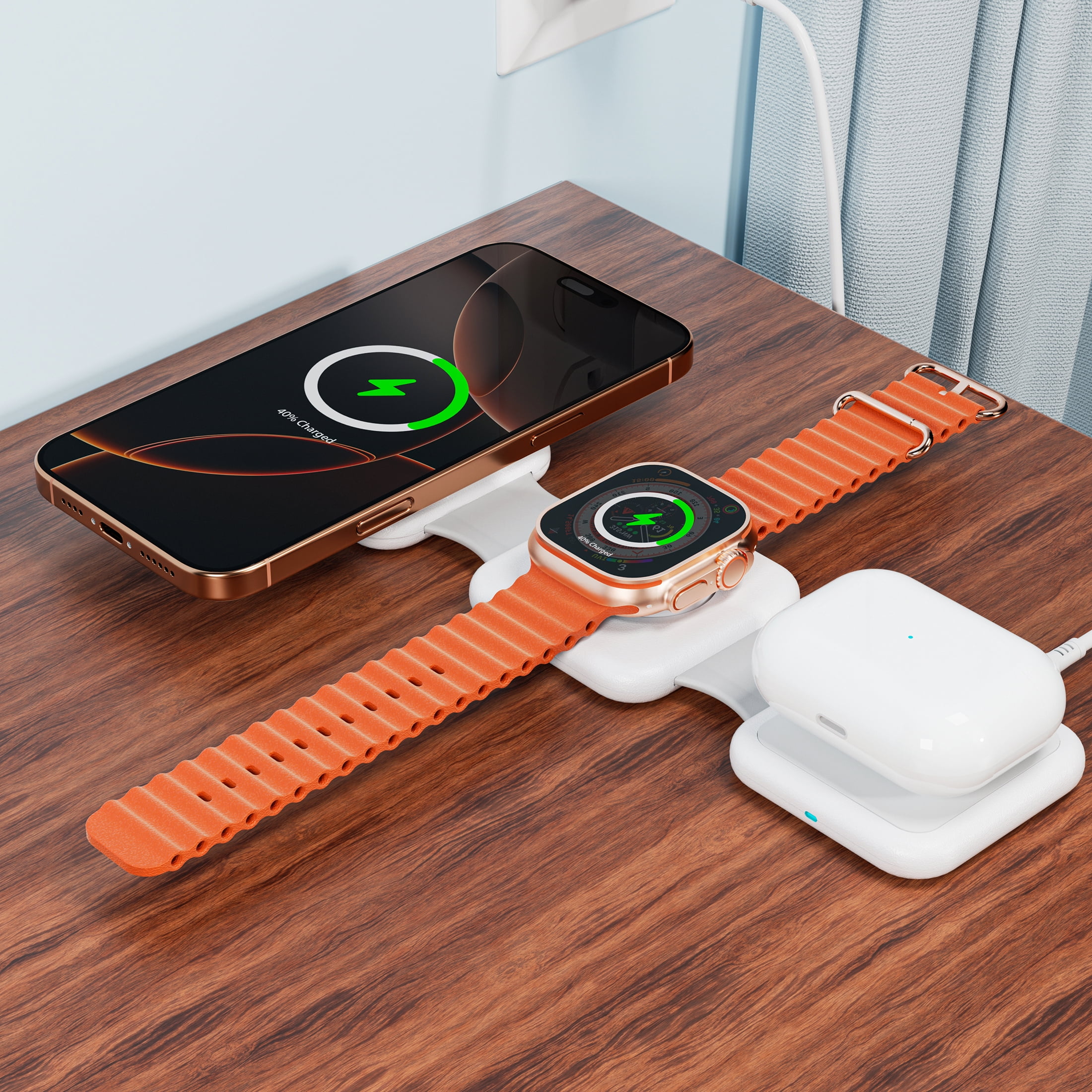 onn 3-in-1 Wireless Charging pad– Foldable Design with Wall Adapter & Cable, White – Compatible with iPhone 17/16/15/14/13/12, Apple Watch, AirPods and other Qi enabled devices