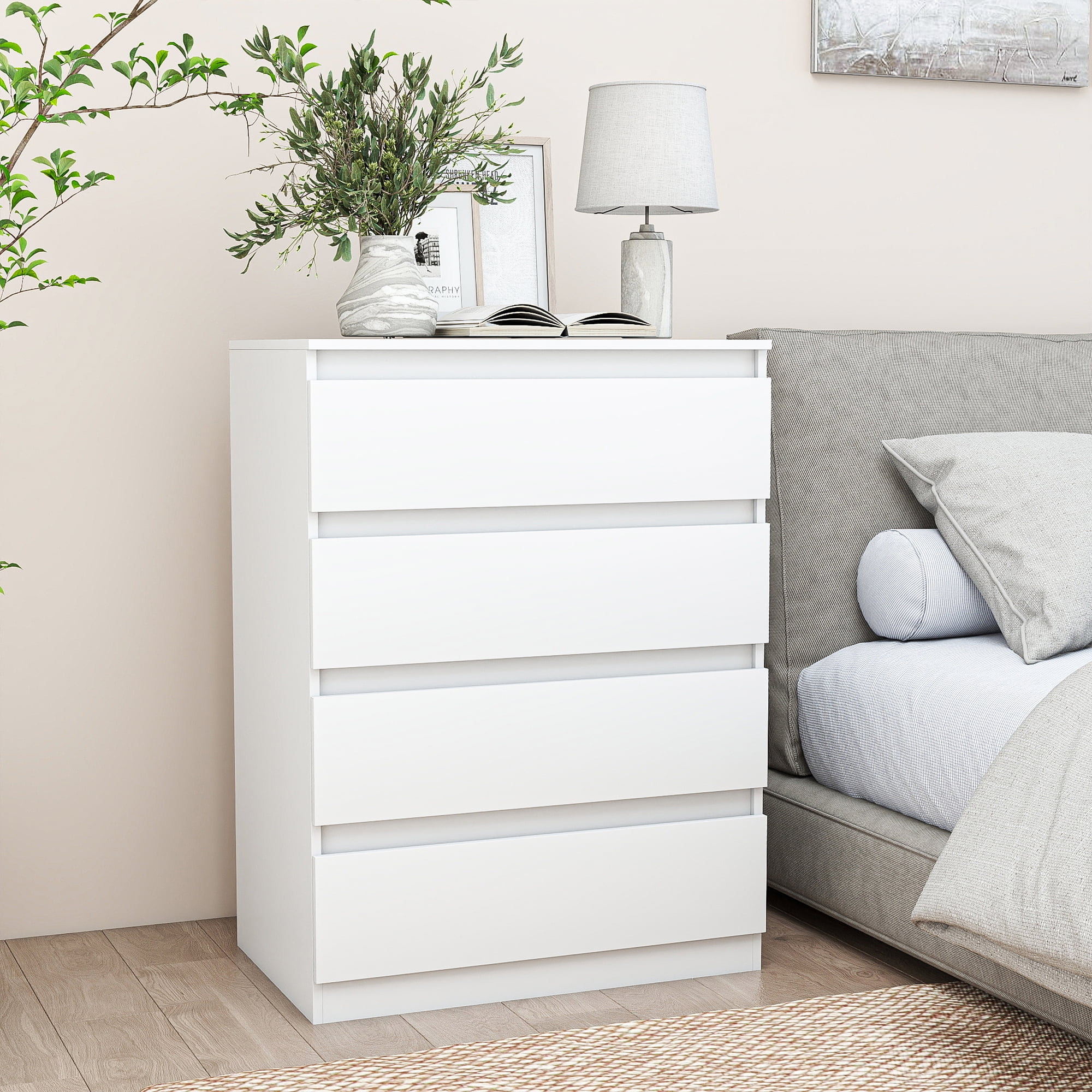 GVN Bedroom Dresser, Chest of Drawers, Modern Simple 4-Drawer Dresser for Bedroom, Living Room, White