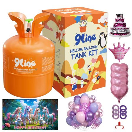 9Line Helium Tank Kit ,13L,50 Pink&Purple Balloons,1 Backdrop Banner&6 Bibbons