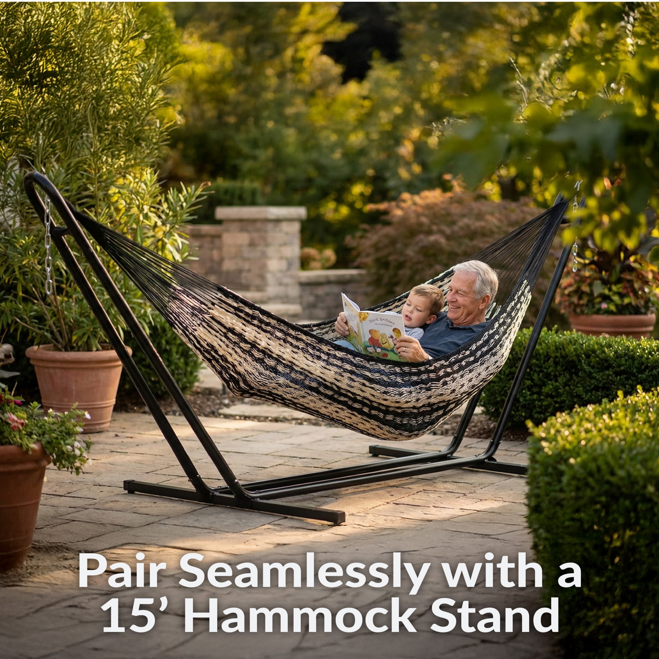 Sunnydaze 2-Person Cotton and Nylon Mayan Family Hammock, 625 lb Capacity - Black and White