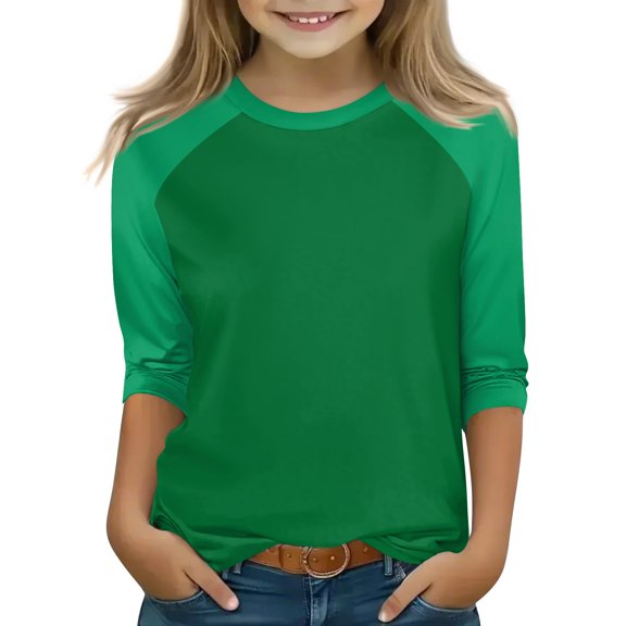 OIOLOYJM Girls Shirts Casual Crewneck 3/4 Sleeve Color Block Tee Shirt Spring Cotton Cute Tops Basic Clothing Green 6-7 Year