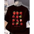 thumbnail image 1 of Summer Vibes) Strawberry Print Casual Tee - Short Sleeve Loose Fit Summer Top with Fun Strawberry & Letter Design, Soft Polyester-Spandex Blend, Machine Washable, Perfect for Casual Attire, Breathabl, 1 of 7