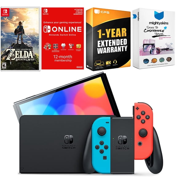 Nintendo Switch Neon Red & Blue OLED Console with Legend of Zelda Breath of the Wild, NSO 12 Month Family Membership, MightySkins Console and Controller Skin Voucher and 1 Year CPS Extended Warranty