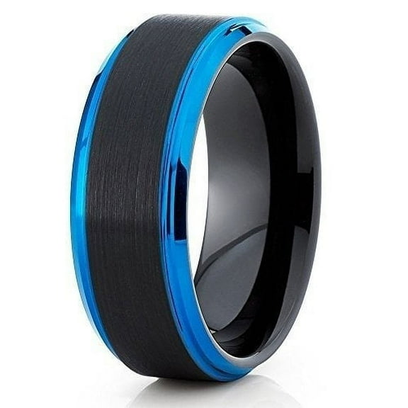 Silly Kings Jewelry Tungsten Wedding Band Blue Tungsten Ring Tungsten Carbide Ring Black Brushed Men and Women 8mm