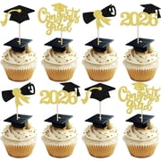 Class of 2026 Graduation Cupcake Toppers, Glitter Gold and Black, Congrats Grad Cap and Diploma Picks, 12 PCS