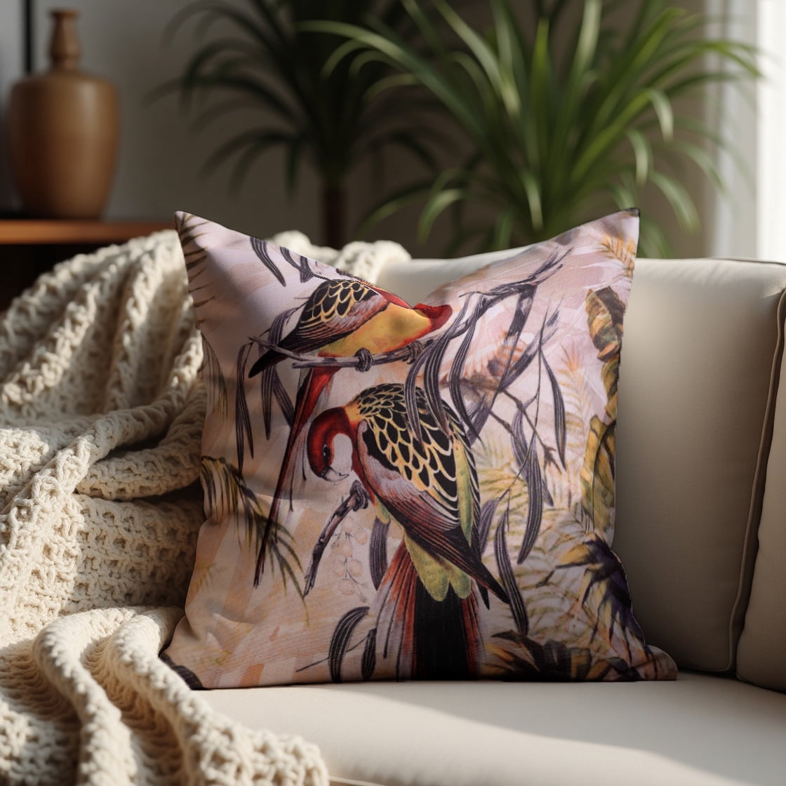 Throw Pillow Covers - Set of 4 Decorative Birds Printed Design Cushion Case for Home Decor Sofa Couch Chair Bed Patio Living Room Bedroom Car Office - 18x18 Inches