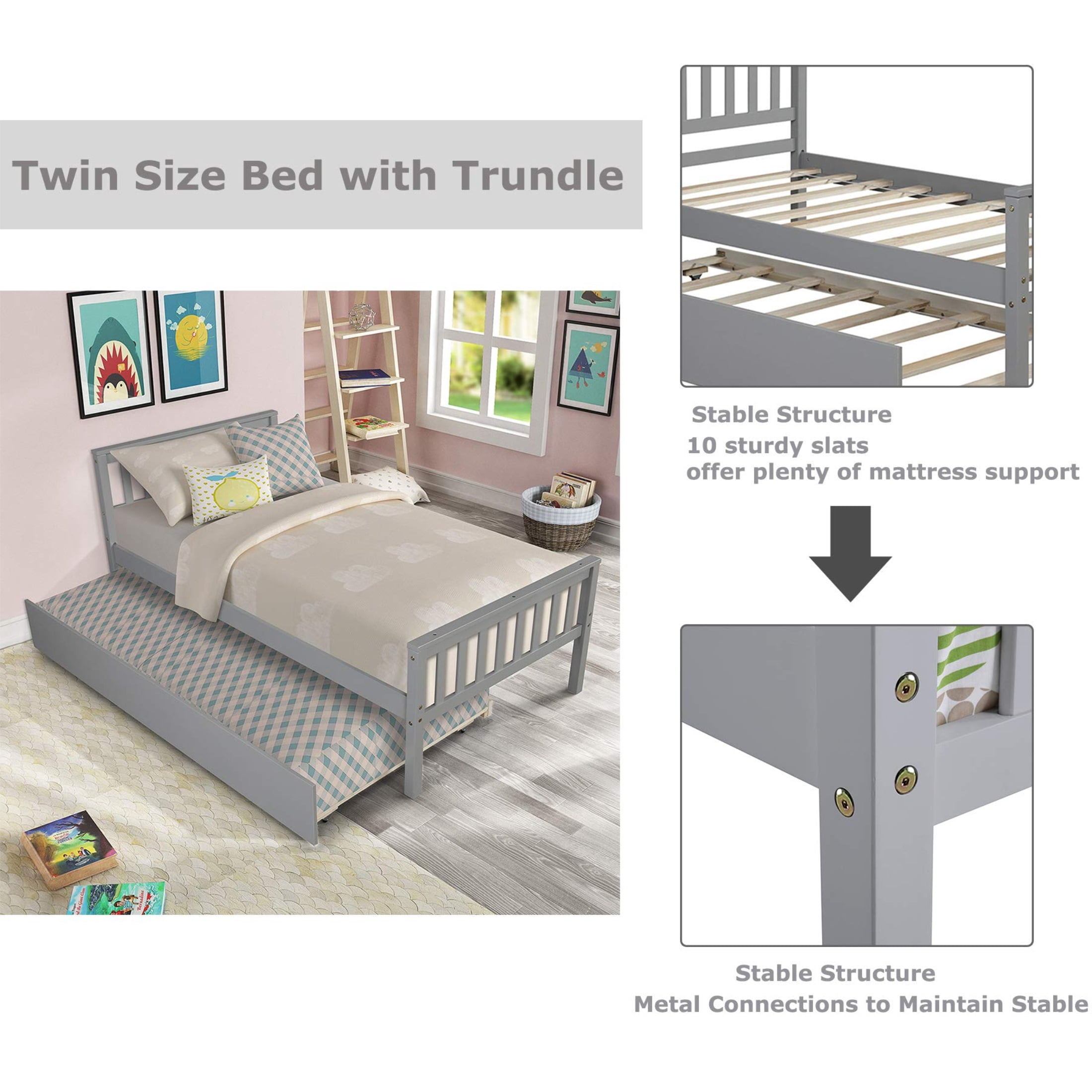Wooden Twin Bed Frame with Trundle, Headboard and Footboard,  No Box Spring Needed, Grey