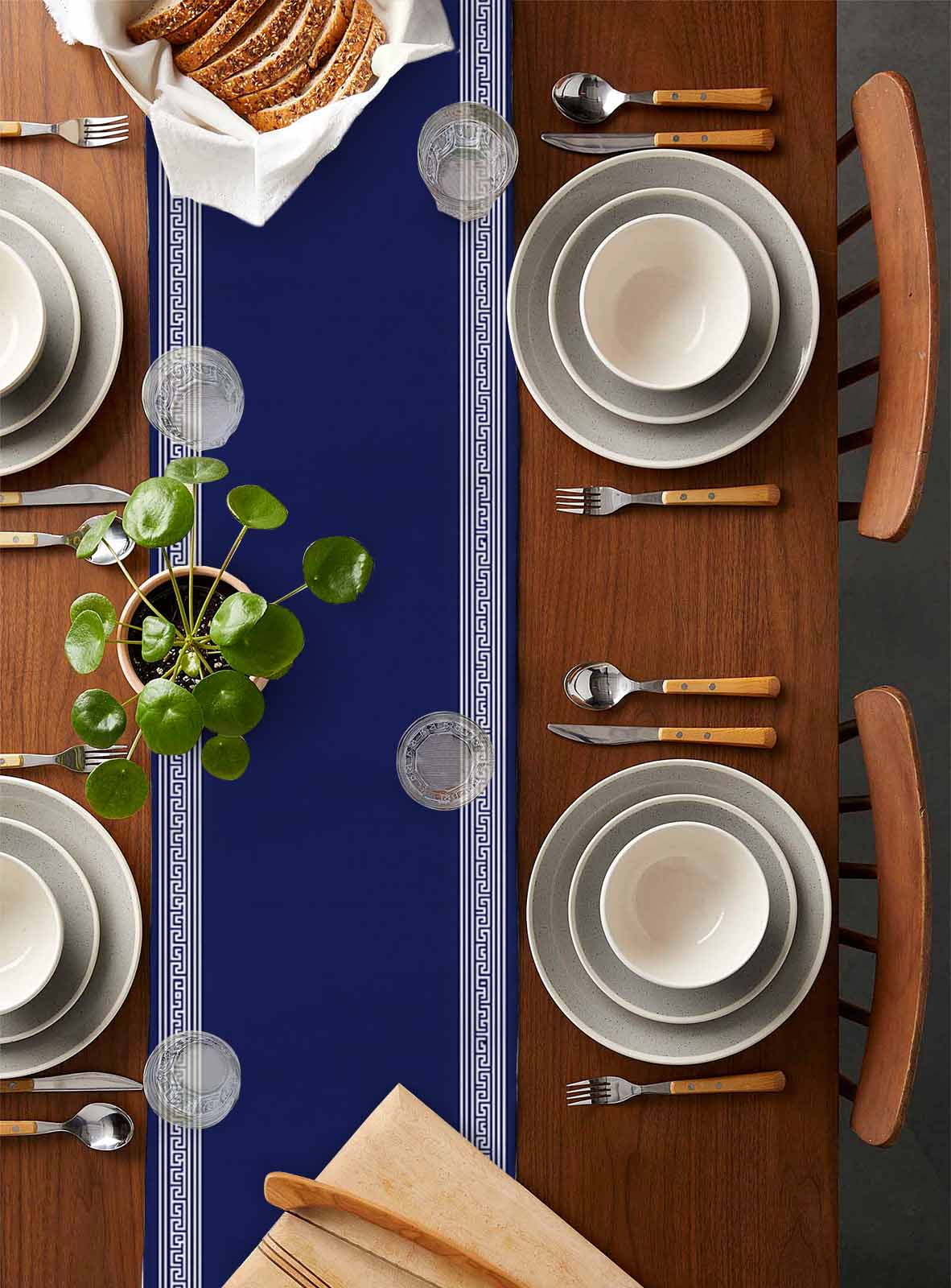 Navy Blue Geometric Burlap Cotton Table Runner 13x108 Inches Long, White Greek Key Farmhouse Farmhouse Table Runners, Outdoor Dining Tablecloths Decor for Baby Shower/Party/Wedding