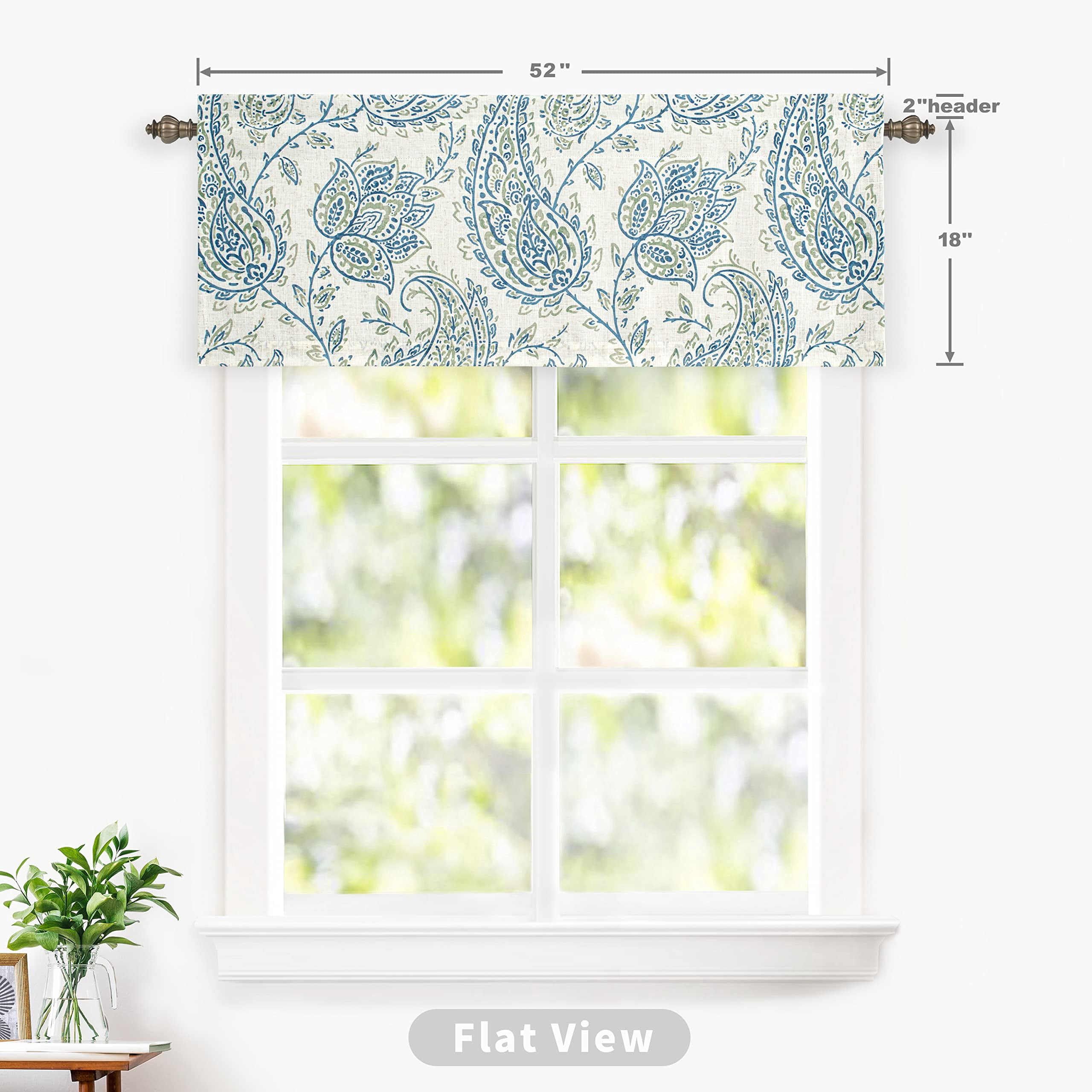 DriftAway Jacob Linen Blend Blackout Valance for Kitchen 18 Inch Length Scroll Floral Paisley Printed Lined Rod Pocket Room Darkening Window Curtain Valance for Living Room 52x18 Blue Green 2 Pack