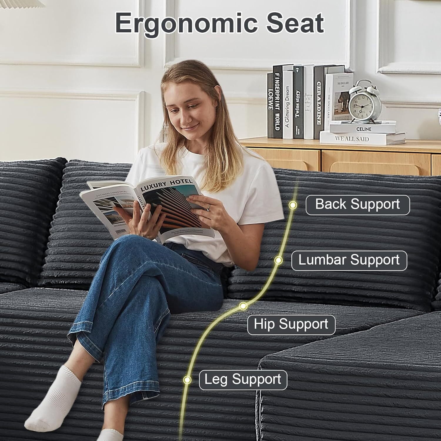 Vinform 134" Cloud Couch Modular Sectional Sofa, 5 Seat U Shaped Convertible Couch Corduroy Thick Cushion with Side Pockets and Toss Pillows for Living Room, Gray