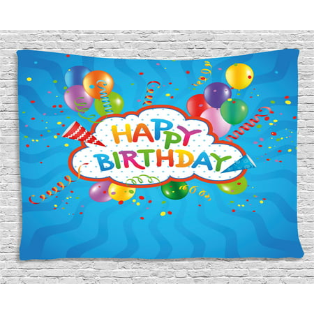 Birthday Decorations Tapestry, Wavy Blue Backdrop with Greeting Text Party Hats Confetti Best Wishes, Wall Hanging for Bedroom Living Room Dorm Decor, 80W X 60L Inches, Multicolor, by