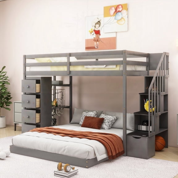 Gray Twin Over Full Bunk Bed: 3-layer Shelves, Drawers & Storage Stairs!