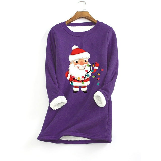 Meichang Chandails en Molleton pour Femmes Grande Taille Noël Père Noël Graphique Col Rond Chandail Hiver Chaud Doublé Sherpa Hauts