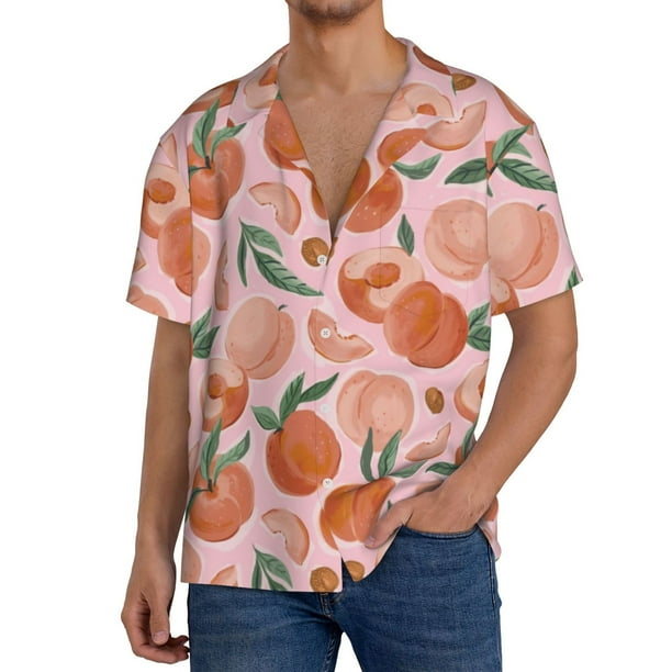 Fotbe Painting Peach Camisa Estampada de Manga Corta para Hombre, Casual de Verano, Estilo Playero, Sin Arrugas-Large