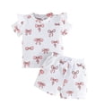thumbnail image 1 of Hiiyo Girls Summer Outfits Bow Floral Ruffle Ribbed Short Sleeve T-Shirt Shorts Set, 1 of 8