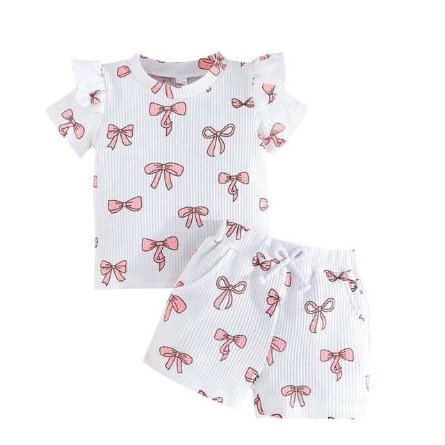 Hiiyo Girls Summer Outfits Bow Floral Ruffle Ribbed Short Sleeve T-Shirt Shorts Set