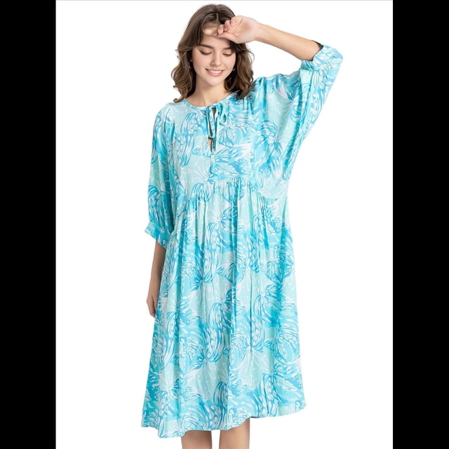 Vestido Midi Holgado Informal de Verano para Mujer, con Escote en V, Cordones, Media , Estampado Geométrico Bohemio Esmeralda M