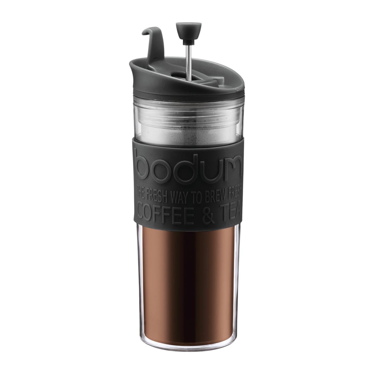 BODUM Travel French Press Double Wall Plastic Coffee Maker, 15 Ounce, Black