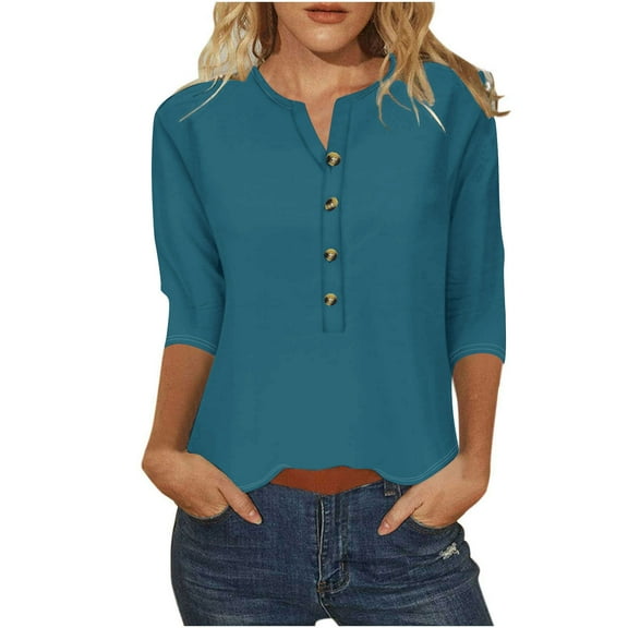 XIAfhje 3/4 Sleeve Tops for Women Summer Elegant Casual Button Up V Neck T-Shirt Lightweight Solid Color Crew Neck Fashion Dressy Tunic Blouses