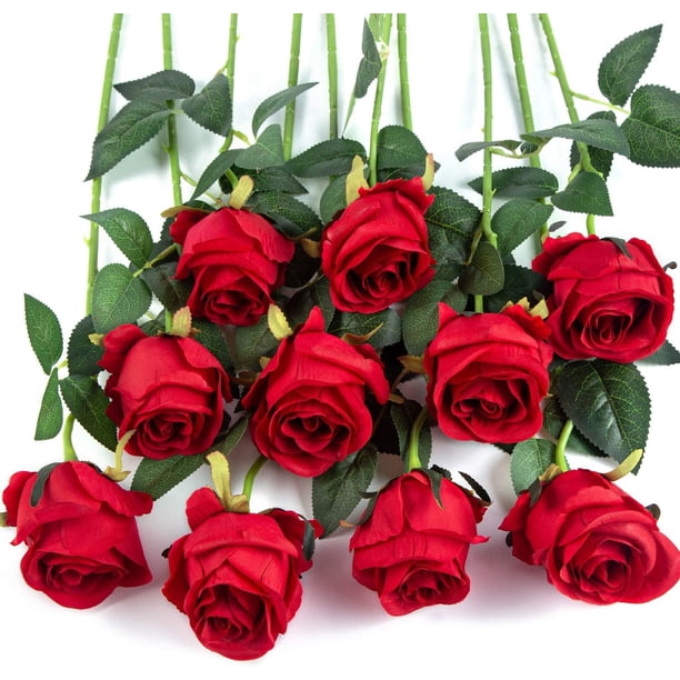 Xiao Hua 10 rosas artificiales de tallo largo de seda para ramo de boda, decoración del hogar (rojas)
