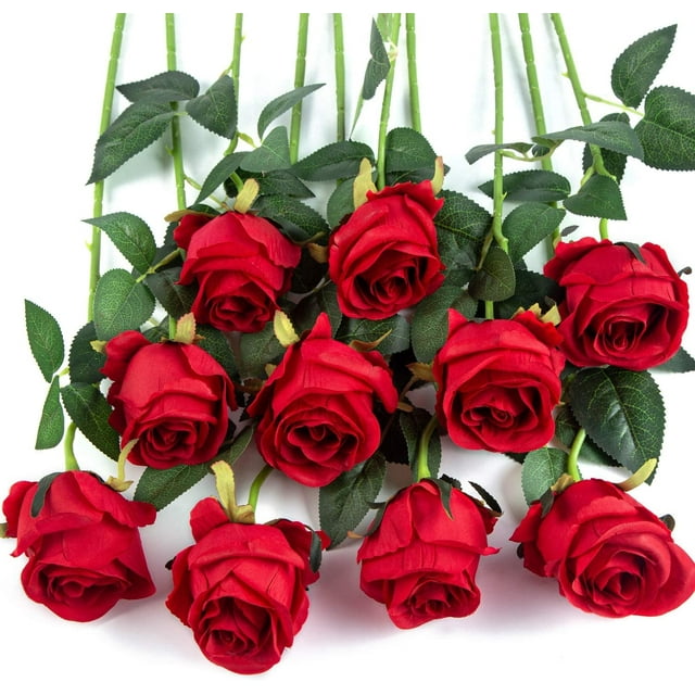 Xiao Hua 10 rosas artificiales de tallo largo de seda para ramo de boda, decoración del hogar (rojas)