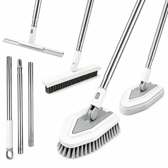 4-in-1 Floor Scrub Brush with 47.24-Inch Long Handle, Multi-Angle Shower Scrubber and Tub Cleaning Brush Set with Grout Brush, Sponge Pad and Squeegee for Bathroom Tile, Patio, Deck, White
