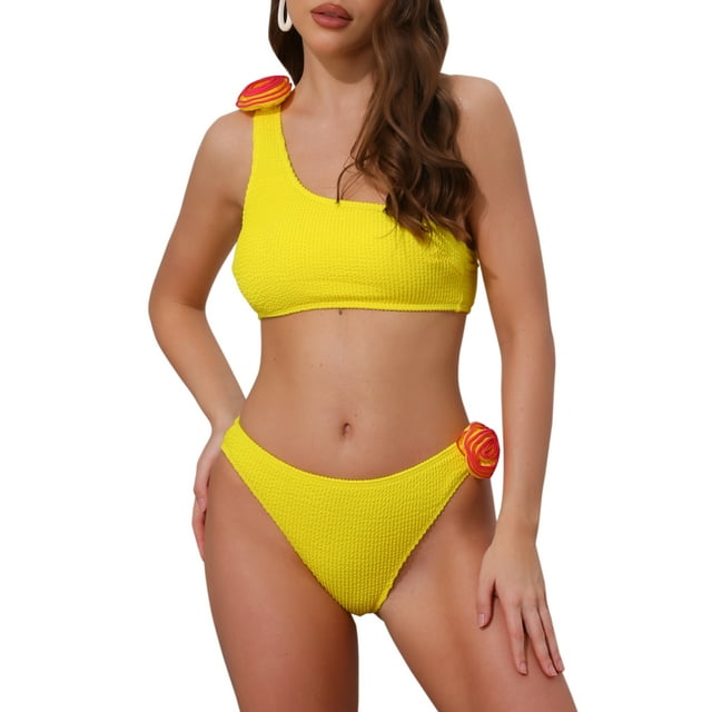 Conjuntos de bikini de una sola manga con flores en 3D para mujer, traje de baño asimétrico de 2 piezas en amarillo grande
