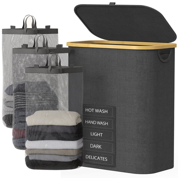 Bathola Hampers for Laundry Basket with Lid, 160L Extra Large 3 Section Clothes Divided Organizer for Bedroom, Laundry Room, Dirty Clothing Hamper