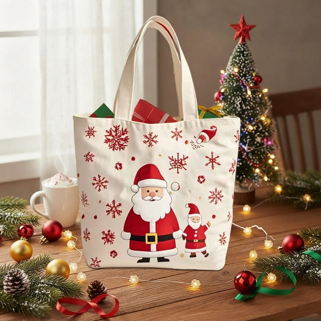 Bolsa de Lona con Manzanas para La Víspera de Navidad | Bolsa Festiva de Regalo Navideña | Material de Lona | Beige | 22 X 9 X 27 Cm | Ideal para Compras Navideñas | Reutilizable | Asa Portátil | Mul