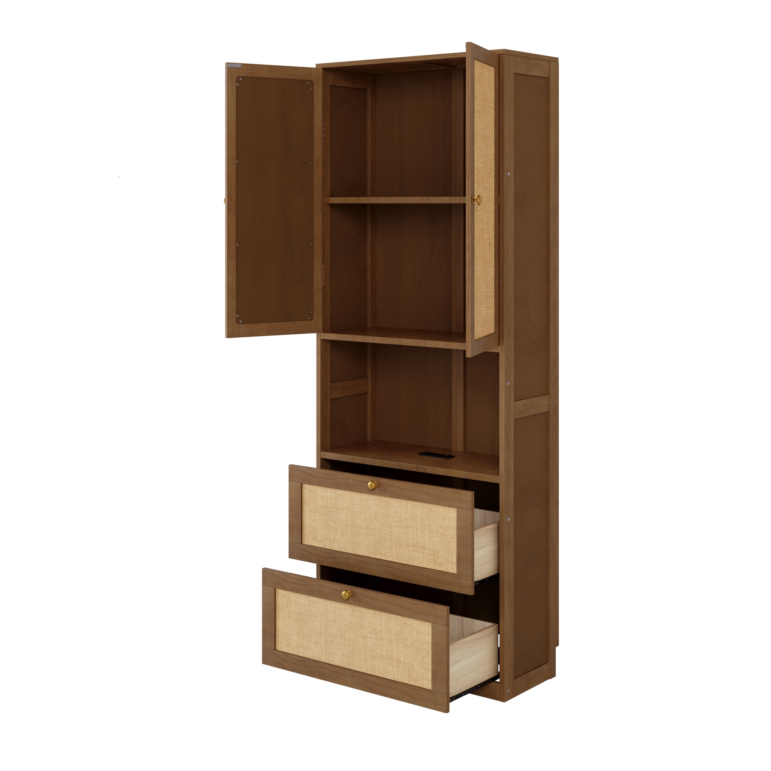Euroco 2 Doors Bookshelf with USB Port and 3 Drawers Side Cabinet Storage Shelves, Walnut