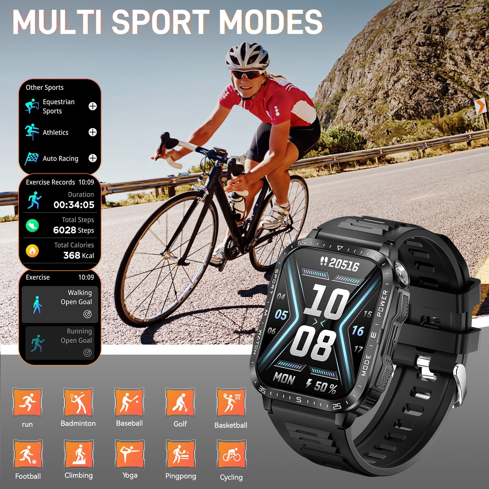 XAXRE KT79 Smart Watch for Men with 1.96" Big Screen LED Flashlight/UV Light 3ATM Waterproof Rugged Smartwatch with Text and Call for iOS Android, 1pc