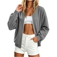 thumbnail image 2 of LEKWK Bomber Jacket Women Full Zip Long Sleeve Elegant Coat with Pockets Corduroy Vintage Relaxed Fit Casual Fall Fashion Outerwear Gray XXL, 2 of 6